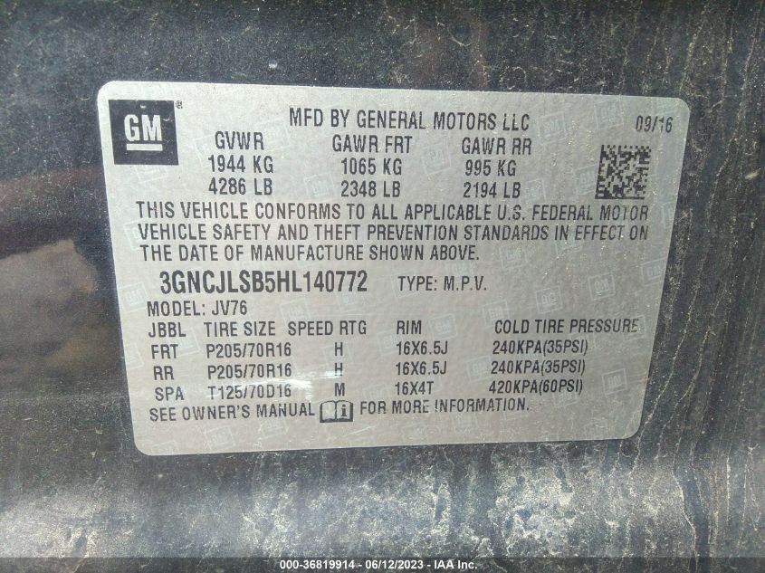2017 CHEVROLET TRAX LT - 3GNCJLSB5HL140772