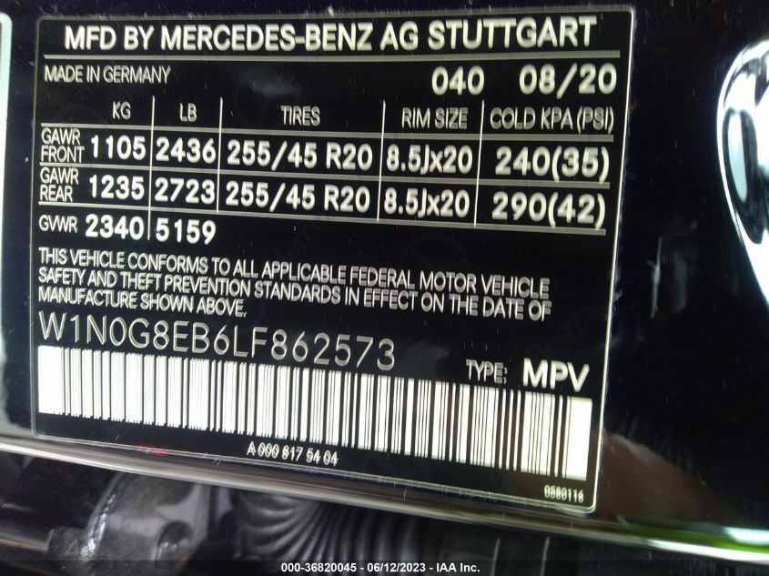 2020 MERCEDES-BENZ GLC GLC 300 - W1N0G8EB6LF862573