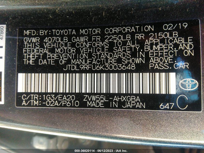 2019 TOYOTA PRIUS LE/XLE - JTDL9RFU6K3003648