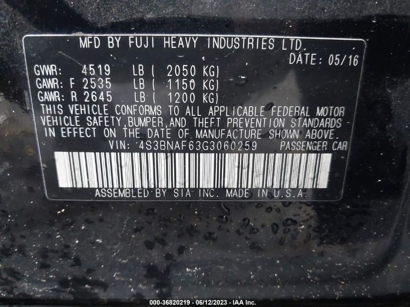 2016 SUBARU LEGACY 2.5I PREMIUM - 4S3BNAF63G3060259