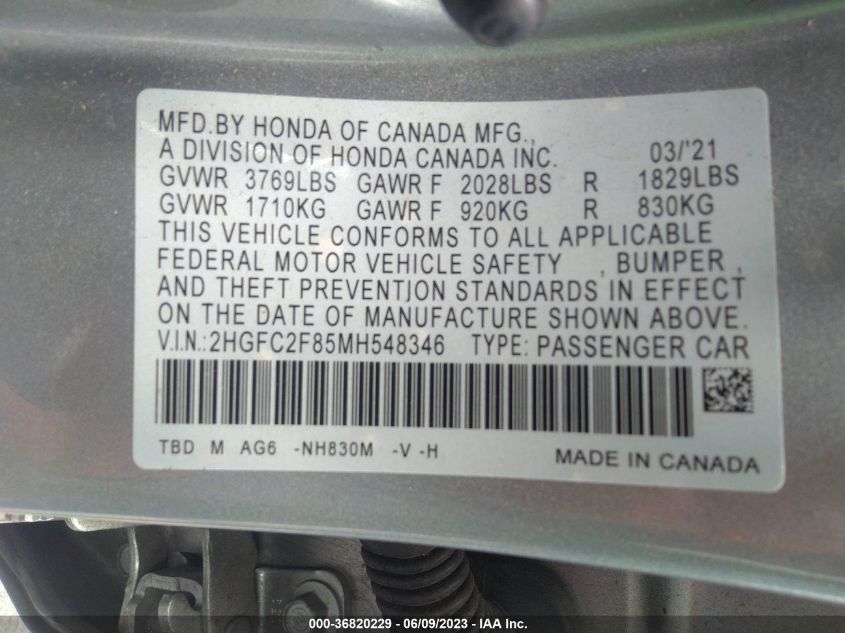 2021 HONDA CIVIC SEDAN SPORT - 2HGFC2F85MH548346