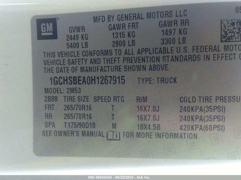 2017 CHEVROLET COLORADO 2WD WT - 1GCHSBEA0H1267915