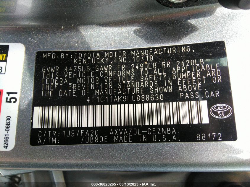 2020 TOYOTA CAMRY LE - 4T1C11AK9LU888630