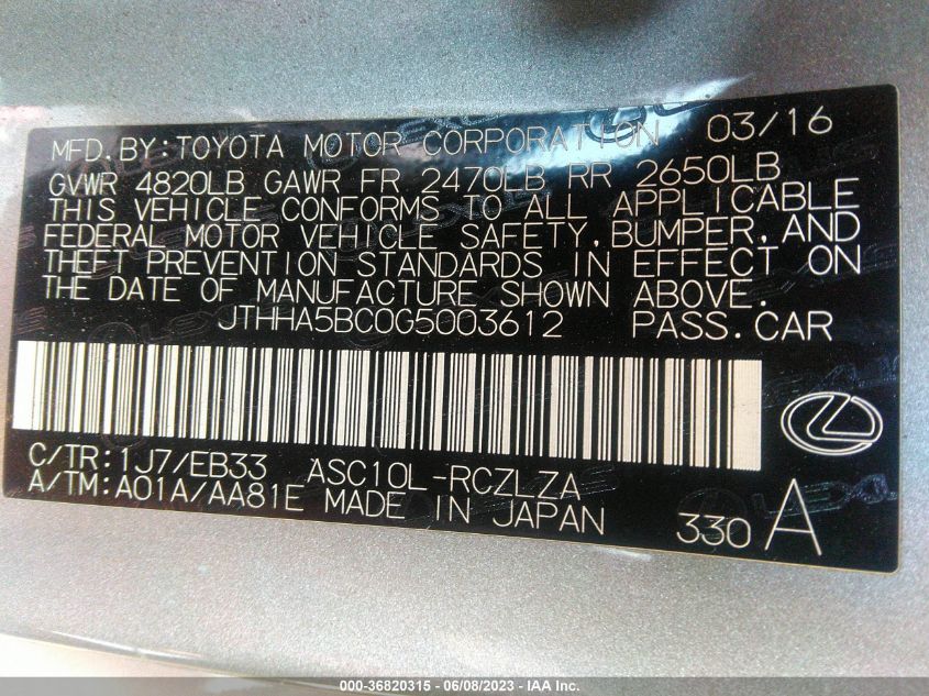 2016 LEXUS RC 200T - JTHHA5BC0G5003612