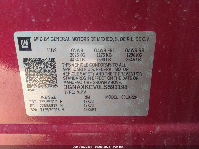 2020 CHEVROLET EQUINOX LT - 3GNAXKEV0LS593198