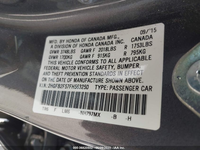 2015 HONDA CIVIC SEDAN LX - 2HGFB2F57FH563250