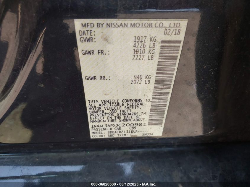 2018 NISSAN ALTIMA 2.5 SL - 1N4AL3APXJC200981
