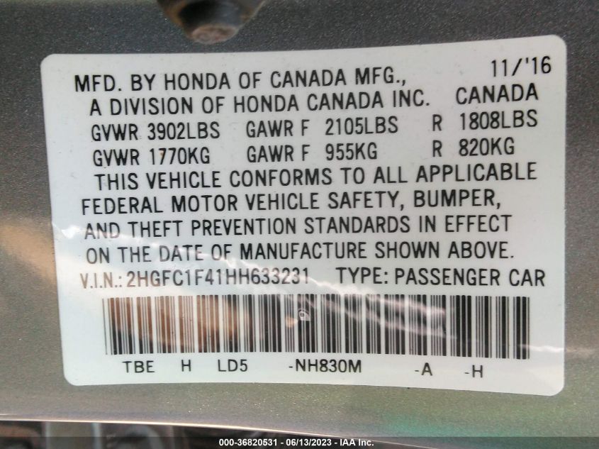 2017 HONDA CIVIC SEDAN EX-T - 2HGFC1F41HH633231
