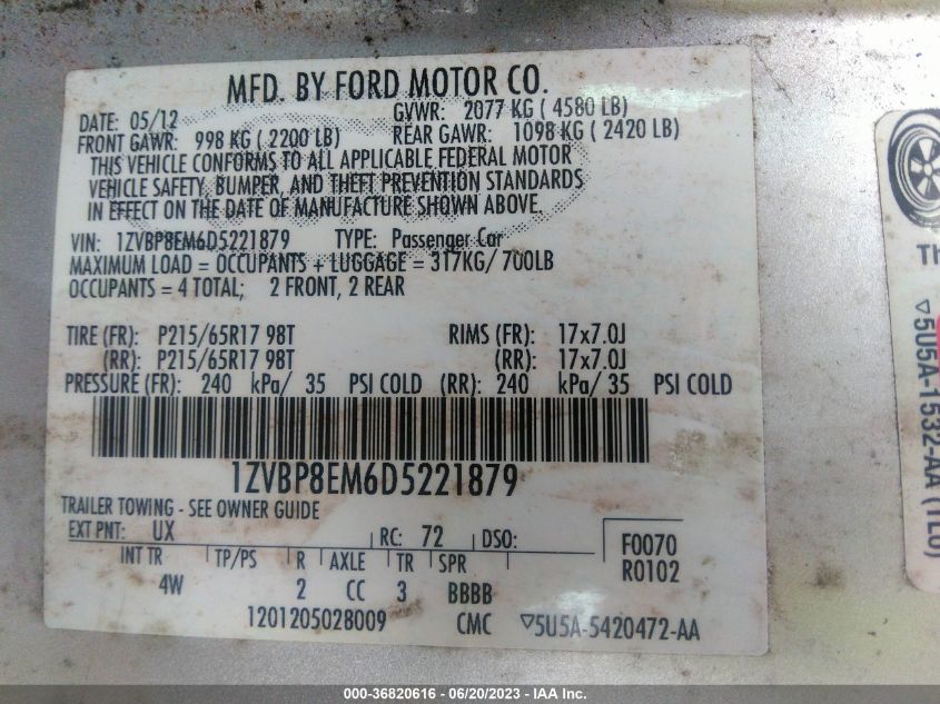 2013 FORD MUSTANG - 1ZVBP8EM6D5221879