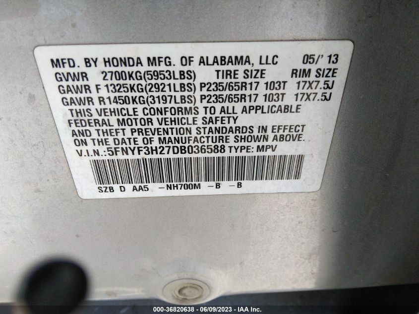2013 HONDA PILOT LX - 5FNYF3H27DB036588