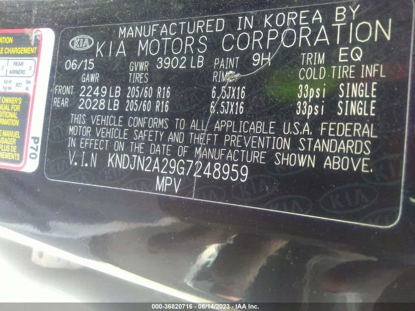 2016 KIA SOUL BASE - KNDJN2A29G7248959