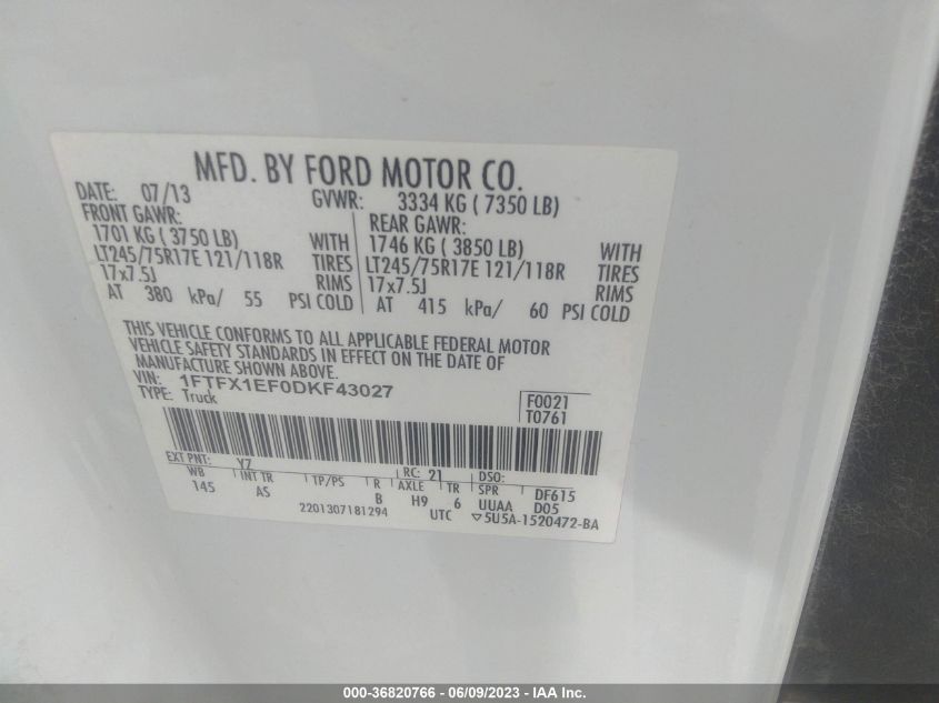 2013 FORD F-150 XL/STX/XLT/FX4/LARIAT - 1FTFX1EF0DKF43027