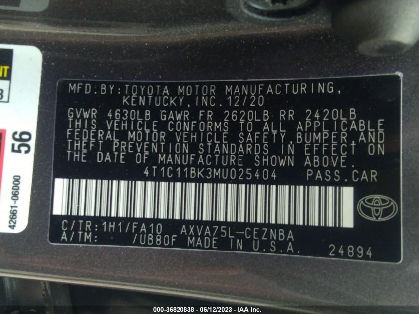 2021 TOYOTA CAMRY LE - 4T1C11BK3MU025404