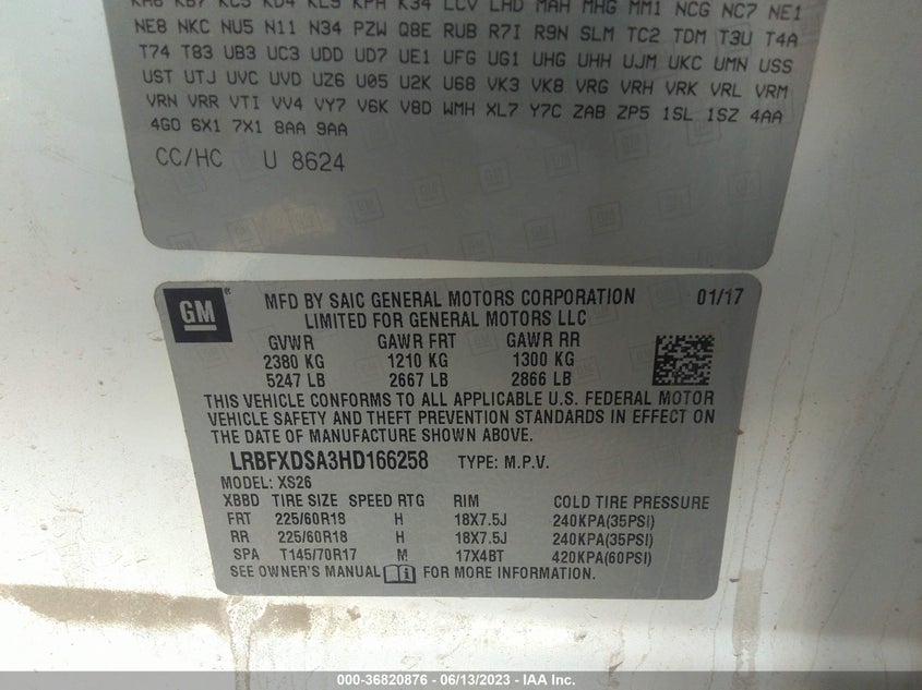 VIN LRBFXDSA3HD166258 2017 BUICK ENVISION ESSENCE