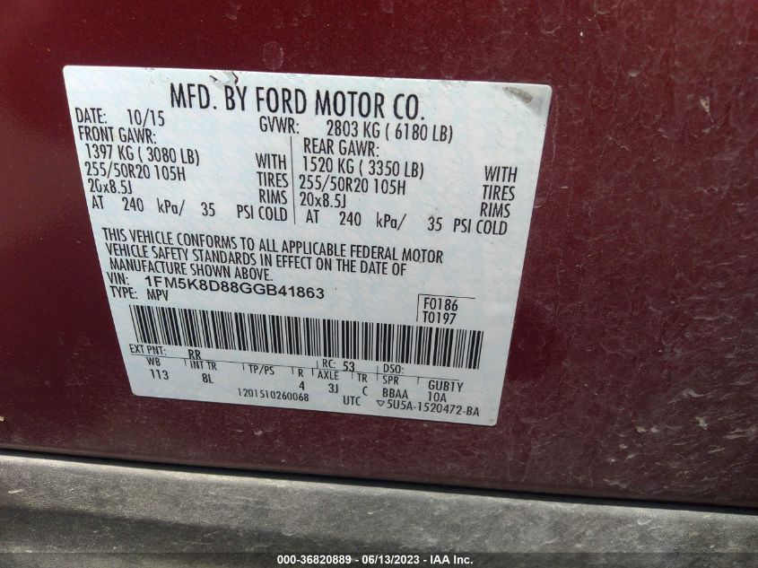 2016 FORD EXPLORER XLT - 1FM5K8D88GGB41863