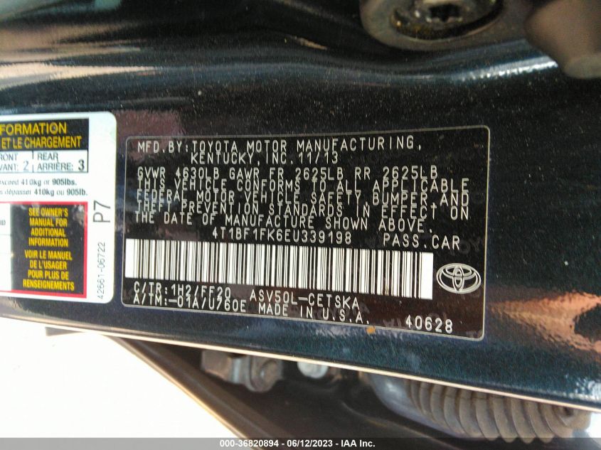 2014 TOYOTA CAMRY L/LE/XLE/SE/SE SPORT - 4T1BF1FK6EU339198