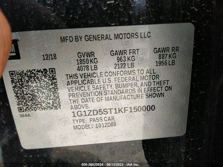 2019 CHEVROLET MALIBU LT - 1G1ZD5ST1KF150000