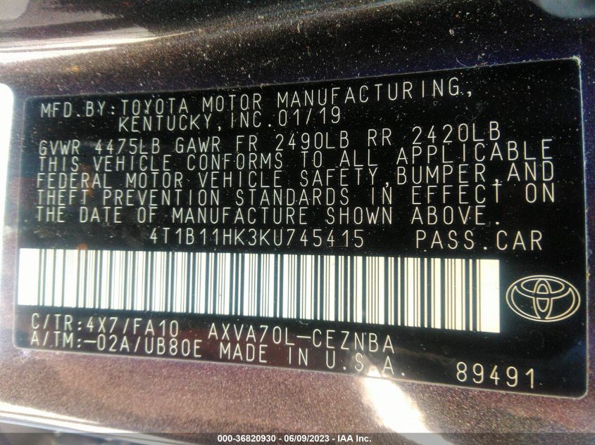 2019 TOYOTA CAMRY L/LE/XLE/SE/XSE - 4T1B11HK3KU745415
