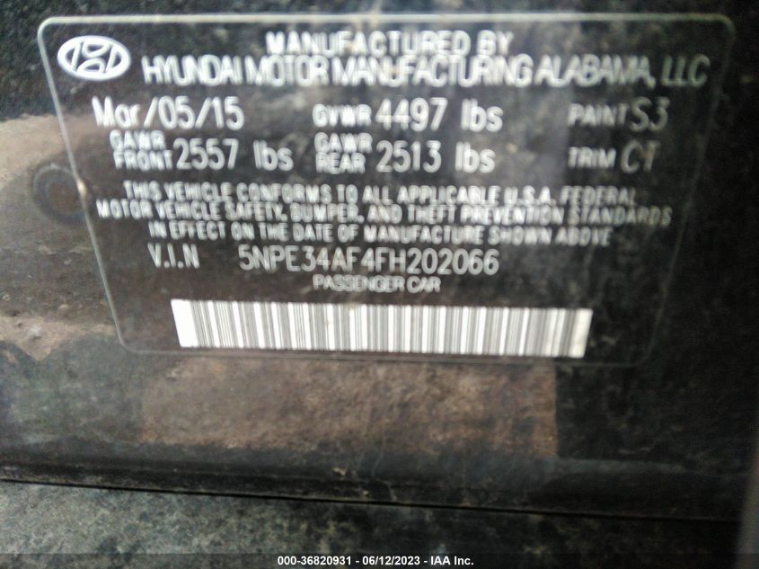 2015 HYUNDAI SONATA 2.4L LIMITED - 5NPE34AF4FH202066