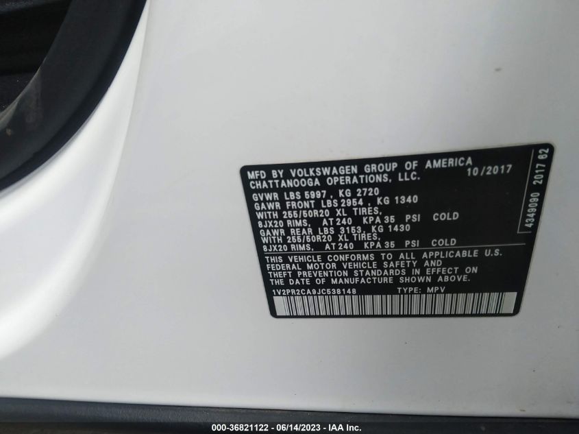 2018 VOLKSWAGEN ATLAS 3.6L V6 SE W/TECHNOLOGY - 1V2PR2CA9JC538148