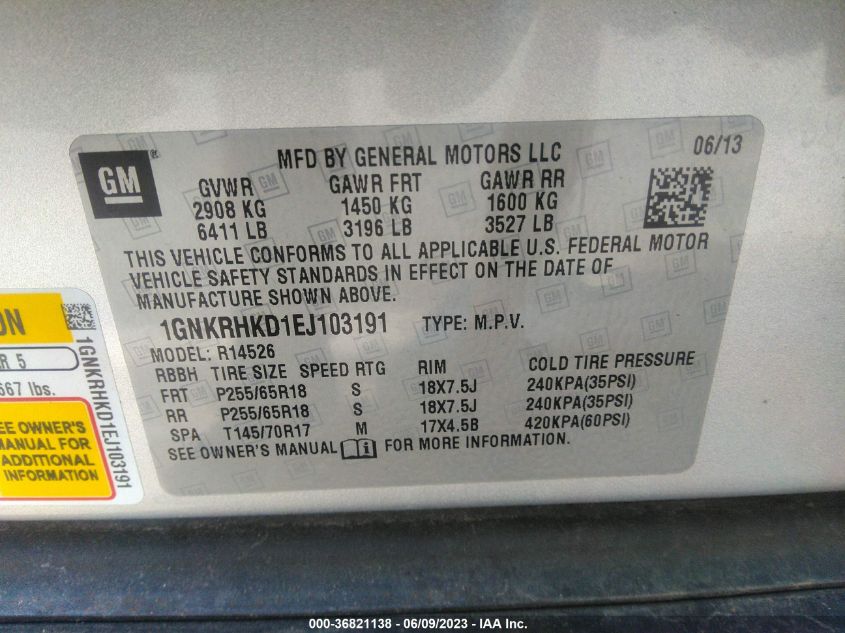 2014 CHEVROLET TRAVERSE LT - 1GNKRHKD1EJ103191