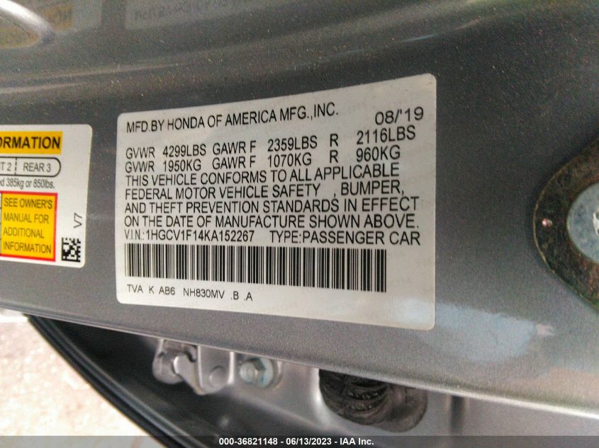 2019 HONDA ACCORD SEDAN LX 1.5T - 1HGCV1F14KA152267