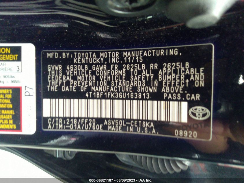 2016 TOYOTA CAMRY XLE/SE/LE/XSE - 4T1BF1FK3GU163813