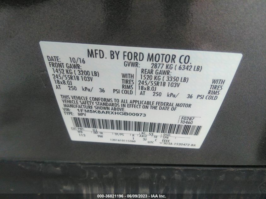 2017 FORD POLICE INTERCEPTOR 1FM5K8ARXHGB00973