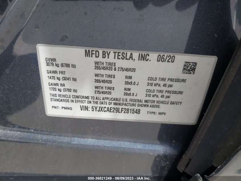 2020 TESLA MODEL X LONG RANGE PLUS - 5YJXCAE29LF281548