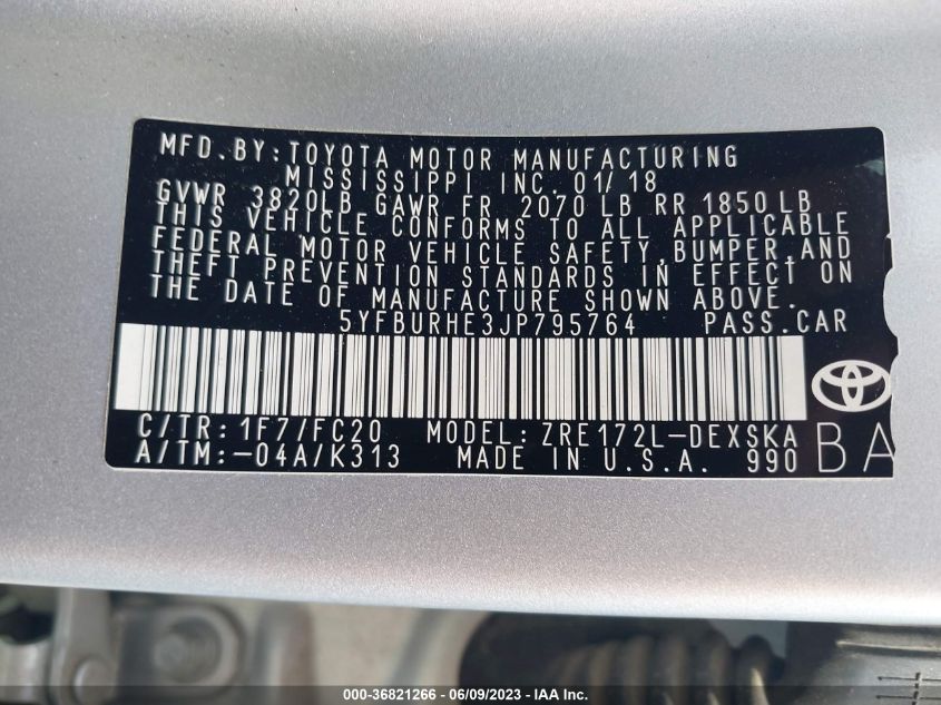 2018 TOYOTA COROLLA L/LE/XLE/SE/XSE - 5YFBURHE3JP795764