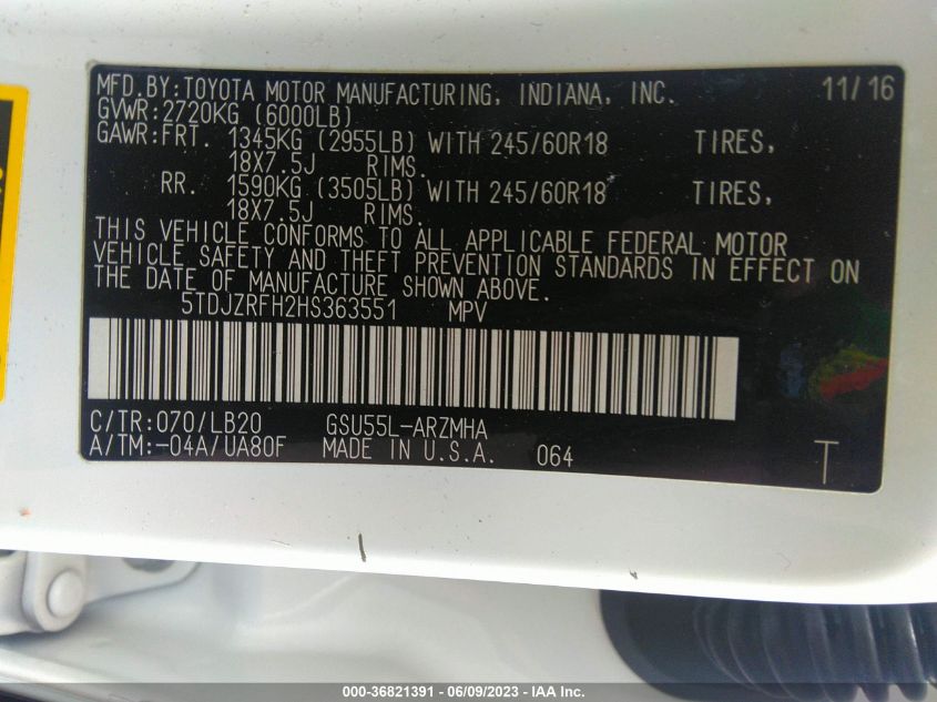 2017 TOYOTA HIGHLANDER XLE/SE - 5TDJZRFH2HS363551