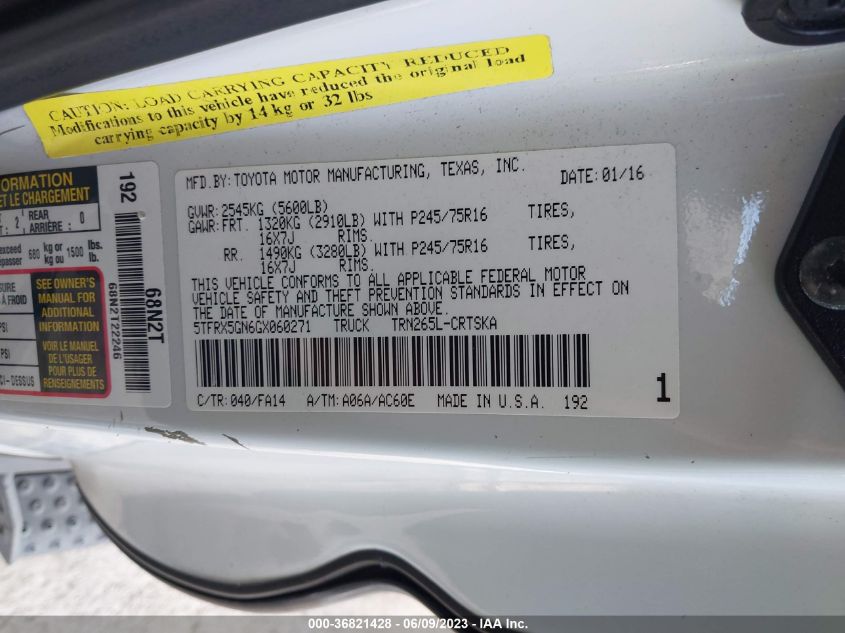 2016 TOYOTA TACOMA ACCESS CAB/SR/SR5 - 5TFRX5GN6GX060271