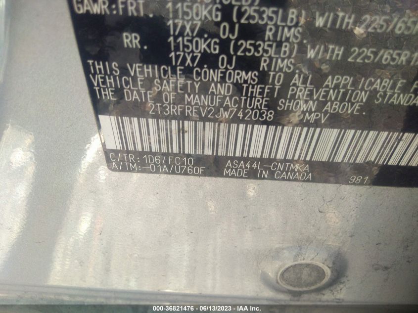 2018 TOYOTA RAV4 XLE/ADVENTURE - 2T3RFREV2JW742038