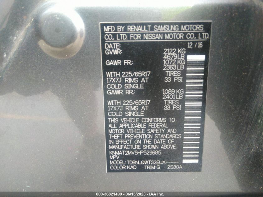 2017 NISSAN ROGUE SV - KNMAT2MV5HP529685