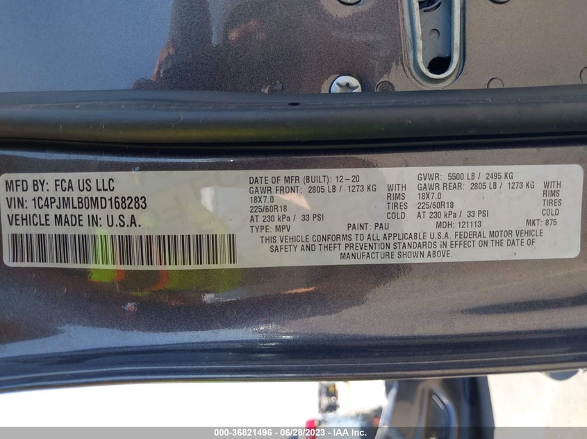 VIN 1C4PJMLB0MD168283 2021 JEEP CHEROKEE ALTITUDE
