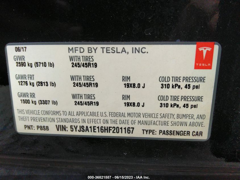 2017 TESLA MODEL S 60/75 - 5YJSA1E16HF201167
