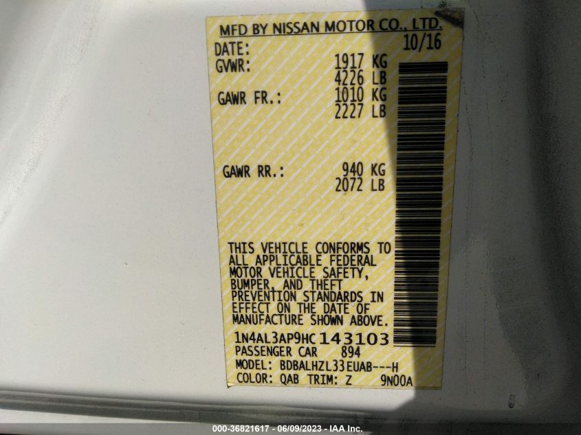 2017 NISSAN ALTIMA 2.5 SR - 1N4AL3AP9HC143103