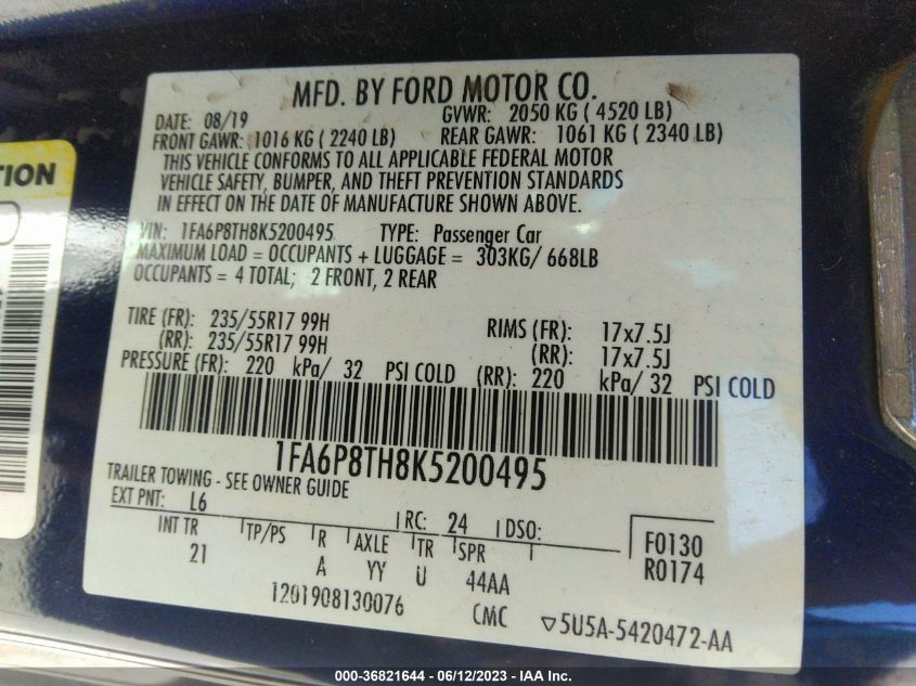 2019 FORD MUSTANG ECOBOOST - 1FA6P8TH8K5200495