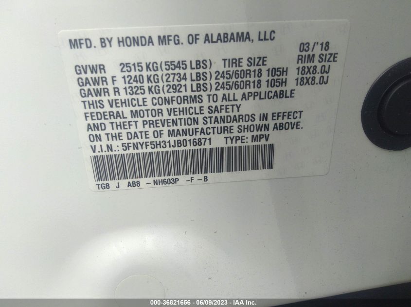 2018 HONDA PILOT EX - 5FNYF5H31JB016871