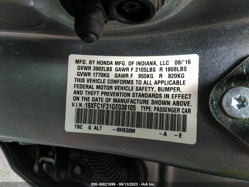 2016 HONDA CIVIC SEDAN EX-T - 19XFC1F31GE038105
