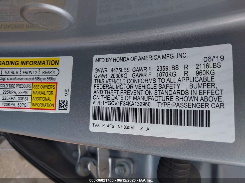 2019 HONDA ACCORD SEDAN SPORT 1.5T - 1HGCV1F34KA132960