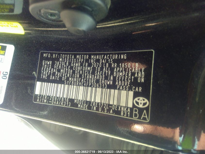 2015 TOYOTA COROLLA L/LE/S/S PLUS/LE PLUS - 5YFBURHE4FP306313