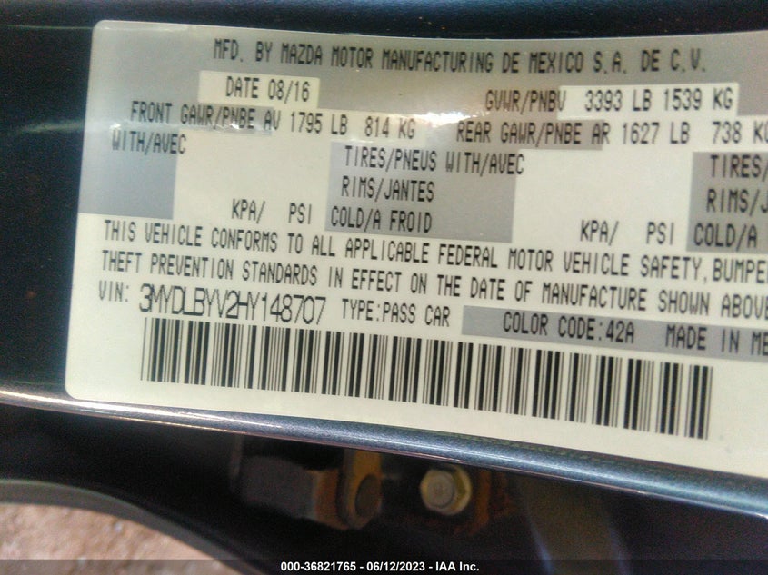 VIN 3MYDLBYV2HY148707 2017 TOYOTA YARIS IA