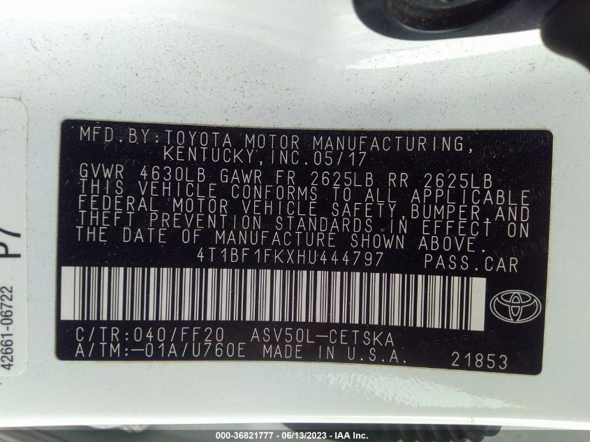 2017 TOYOTA CAMRY XLE/SE/LE/XSE - 4T1BF1FKXHU444797