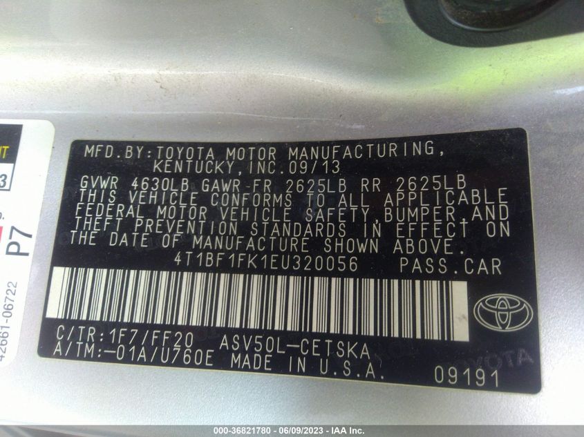 2014 TOYOTA CAMRY L/LE/XLE/SE/SE SPORT - 4T1BF1FK1EU320056