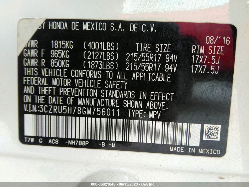 2016 HONDA HR-V EX-L W/NAVI - 3CZRU5H78GM756011