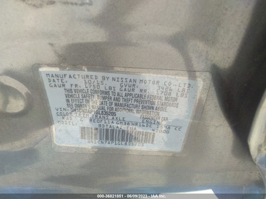 2016 NISSAN VERSA S PLUS - 3N1CN7AP1GL835205