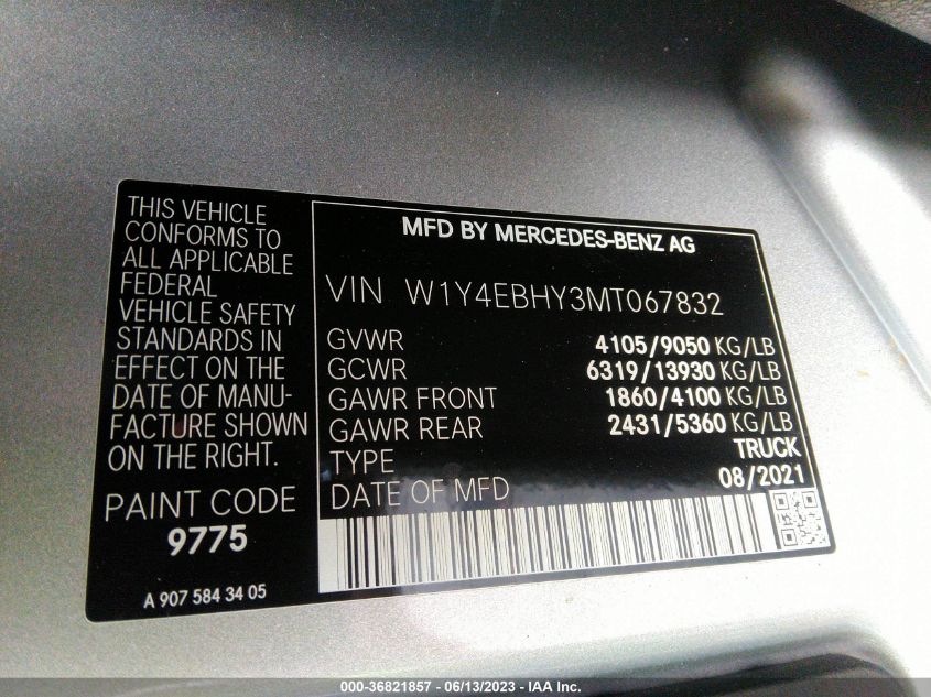 2021 MERCEDES-BENZ SPRINTER 2500 STANDARD ROOF V6 W1Y4EBHY3MT067832