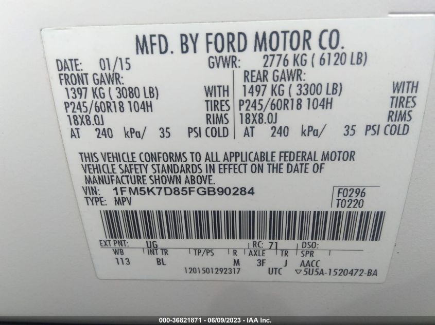 2015 FORD EXPLORER XLT - 1FM5K7D85FGB90284