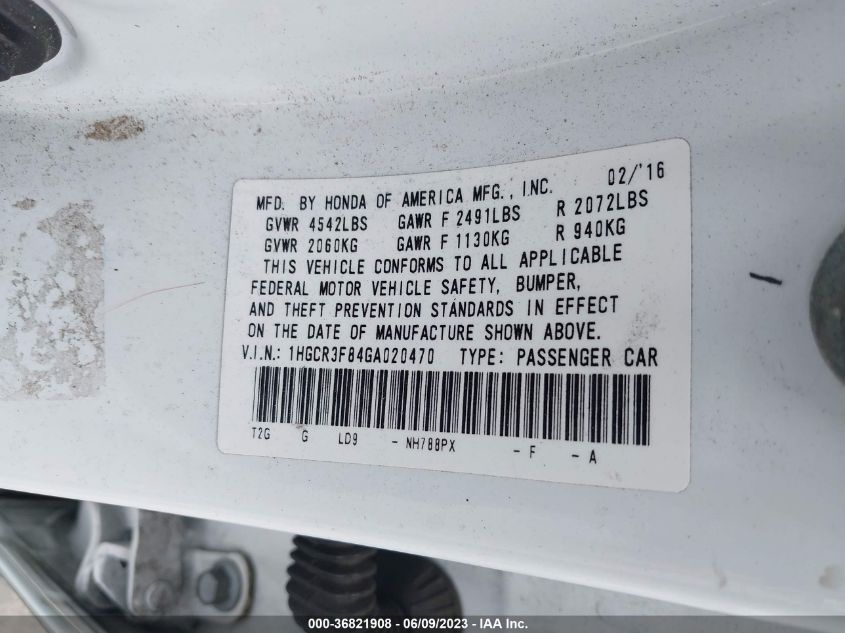 2016 HONDA ACCORD SEDAN EX-L - 1HGCR3F84GA020470